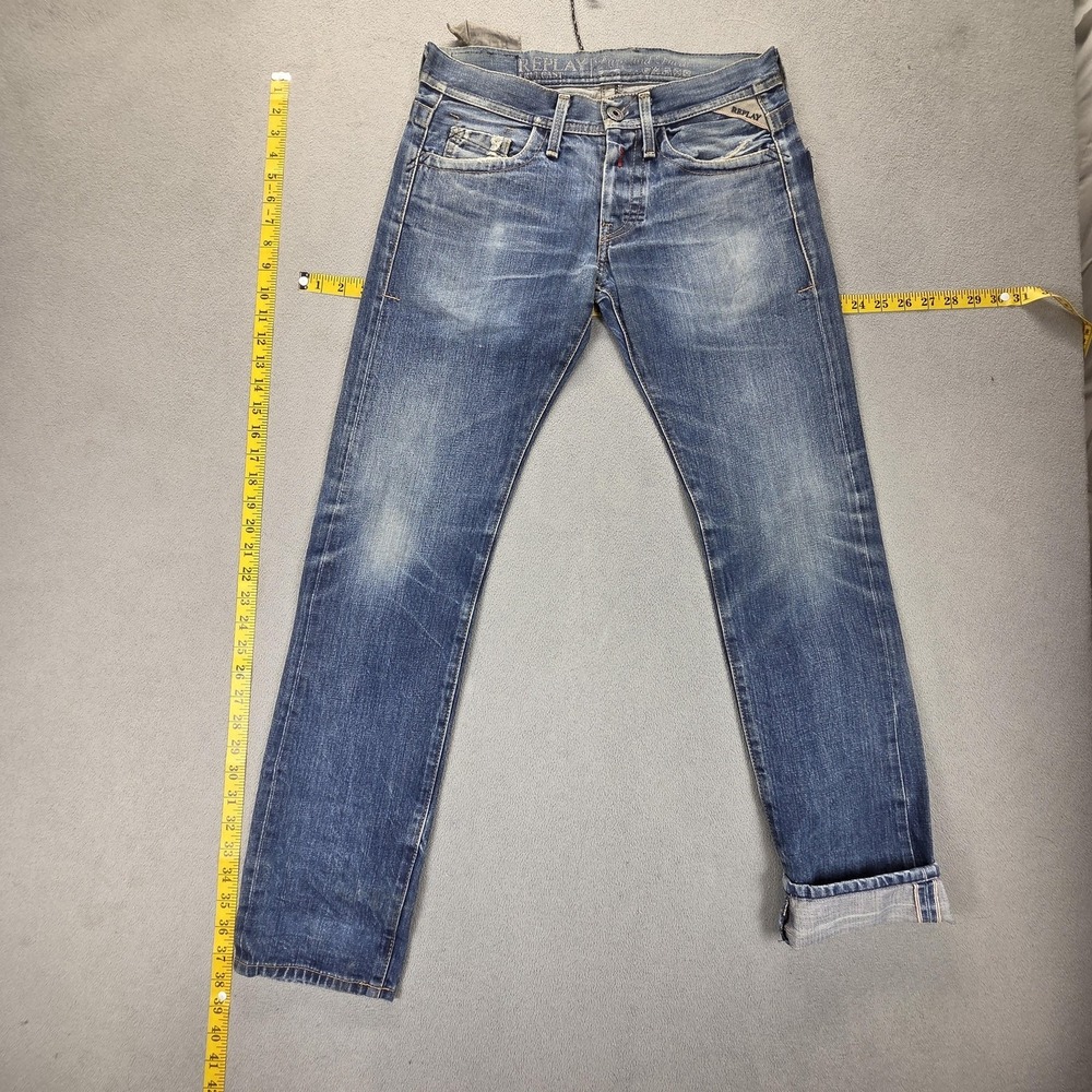 Replay Jeans Mens Blue Slim‎ Fit Straight Leg Whiskers Fits 29x30 Flawed